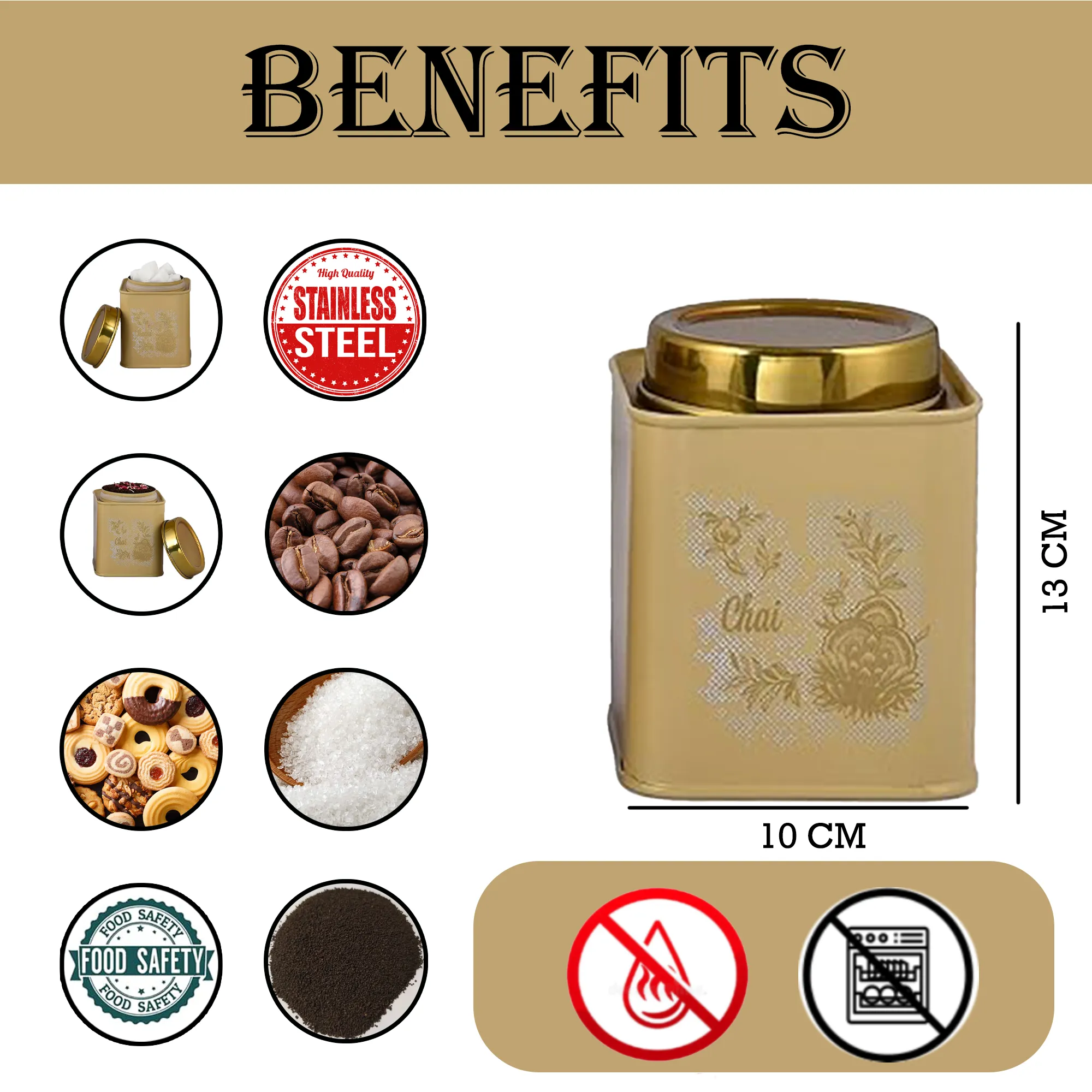 Elan Gingham & Blooms Leak Proof Air-Tight Stainless Steel Chai Cheeni Kaffee Square Container (Set of 3, Daisy Yellow, 500ml)