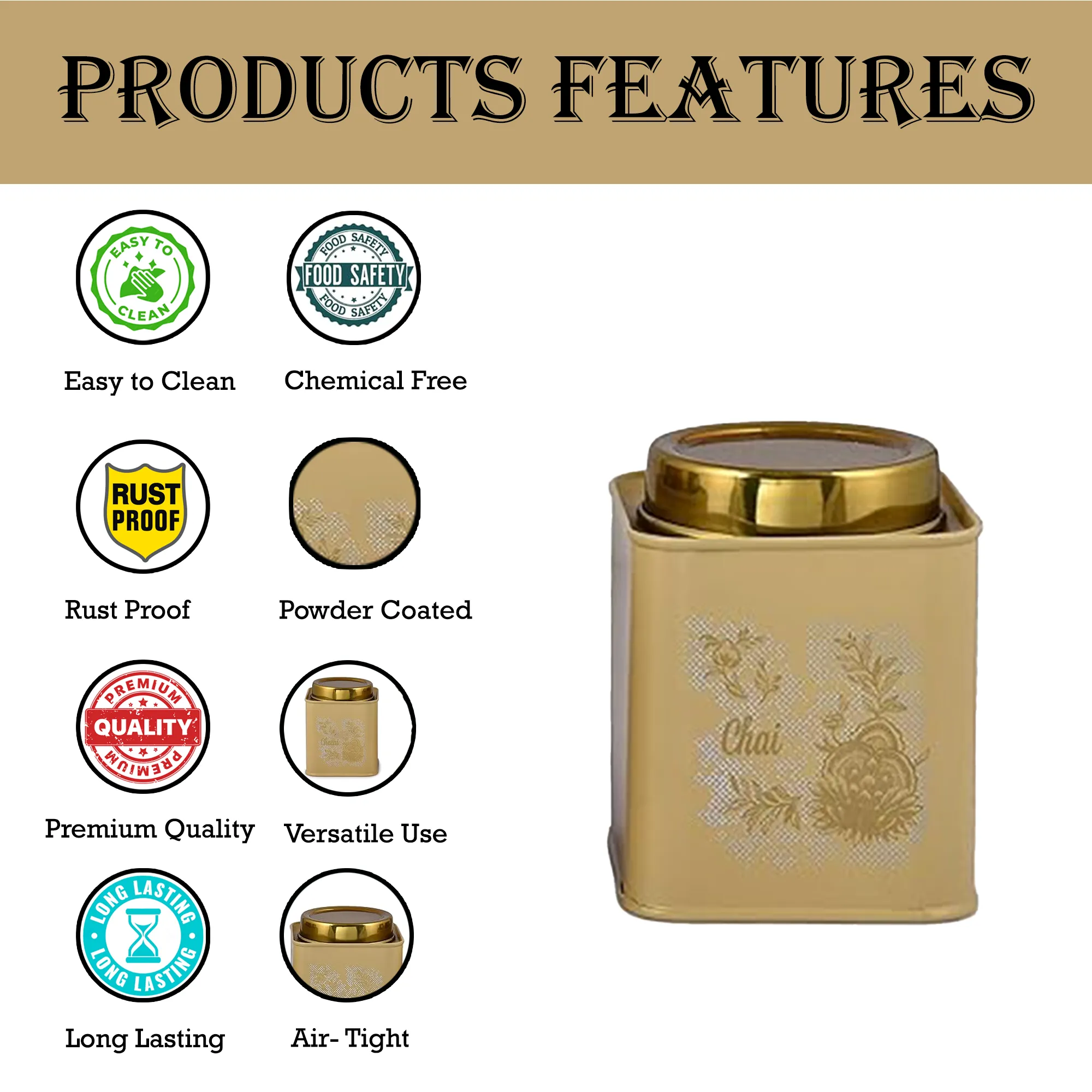 Elan Gingham & Blooms Leak Proof Air-Tight Stainless Steel Chai Cheeni Kaffee Square Container (Set of 3, Daisy Yellow, 500ml)