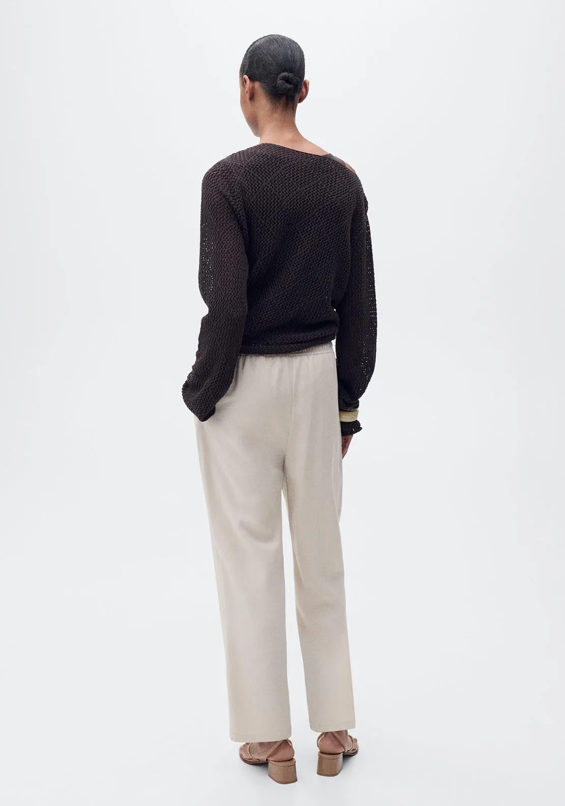 Elastic waist flowy trousers - Light Beige