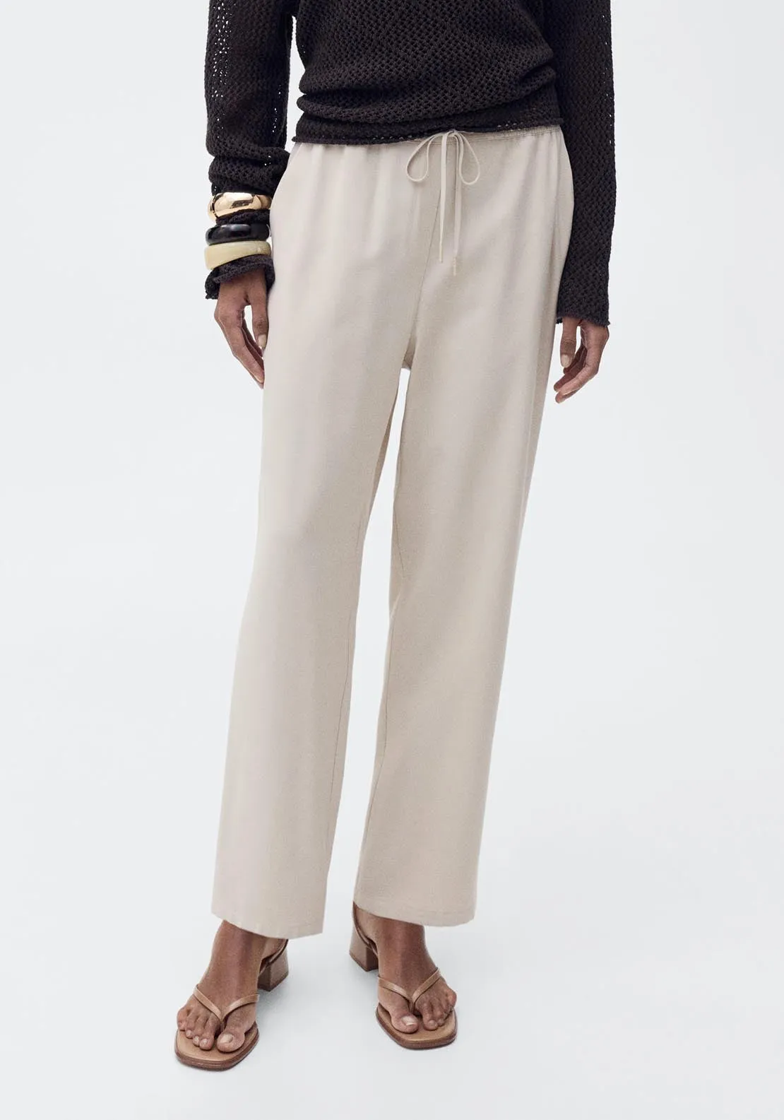 Elastic waist flowy trousers - Light Beige