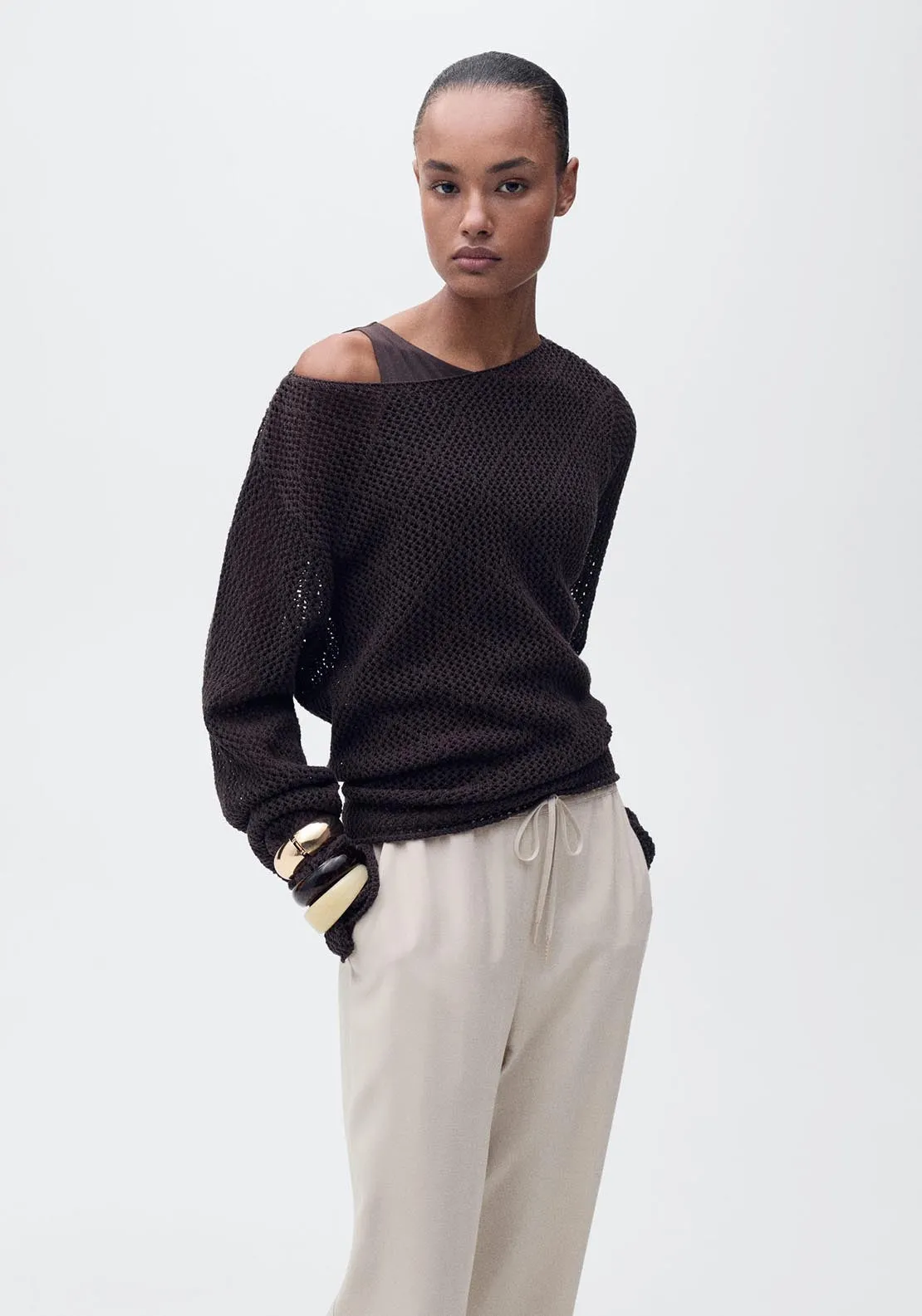 Elastic waist flowy trousers - Light Beige