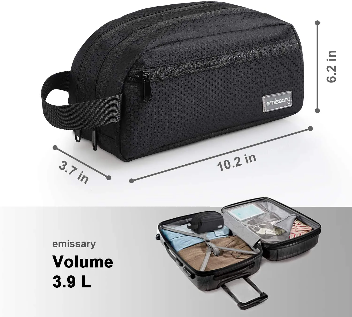 emissary Nylon Men's Toiletry Bag - Large Waterproof Shower Bag - Travel Toiletries Bag - Dopp Kitt for Men - Toiletry Bag for Men and Women - Shaving Bag for Men Travel (Black Water-Resistant)
