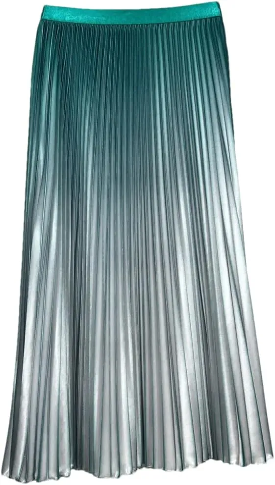 ERFMFKL Women Shiny Gradient High Waist Pleated Midi Skirt Loose Summer Casual Office Skirt