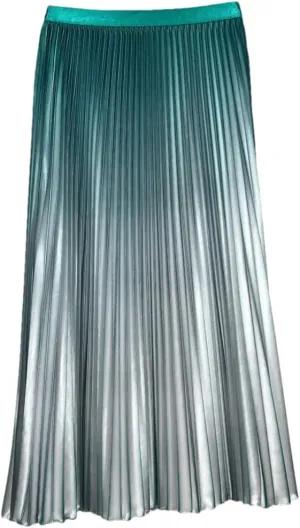 ERFMFKL Women Shiny Gradient High Waist Pleated Midi Skirt Loose Summer Casual Office Skirt