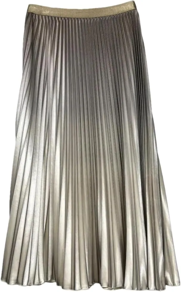 ERFMFKL Women Shiny Gradient High Waist Pleated Midi Skirt Loose Summer Casual Office Skirt