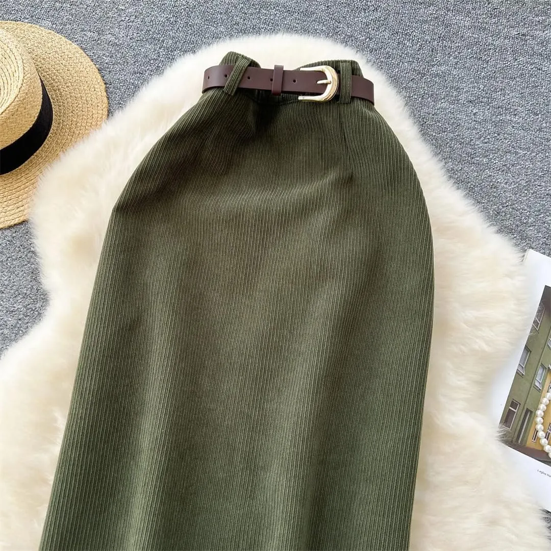ERFMFKL Womens Solid Color High Waisted Corduroy Slim A-Line Wrap Skirt Casual Party Maxi Skirt