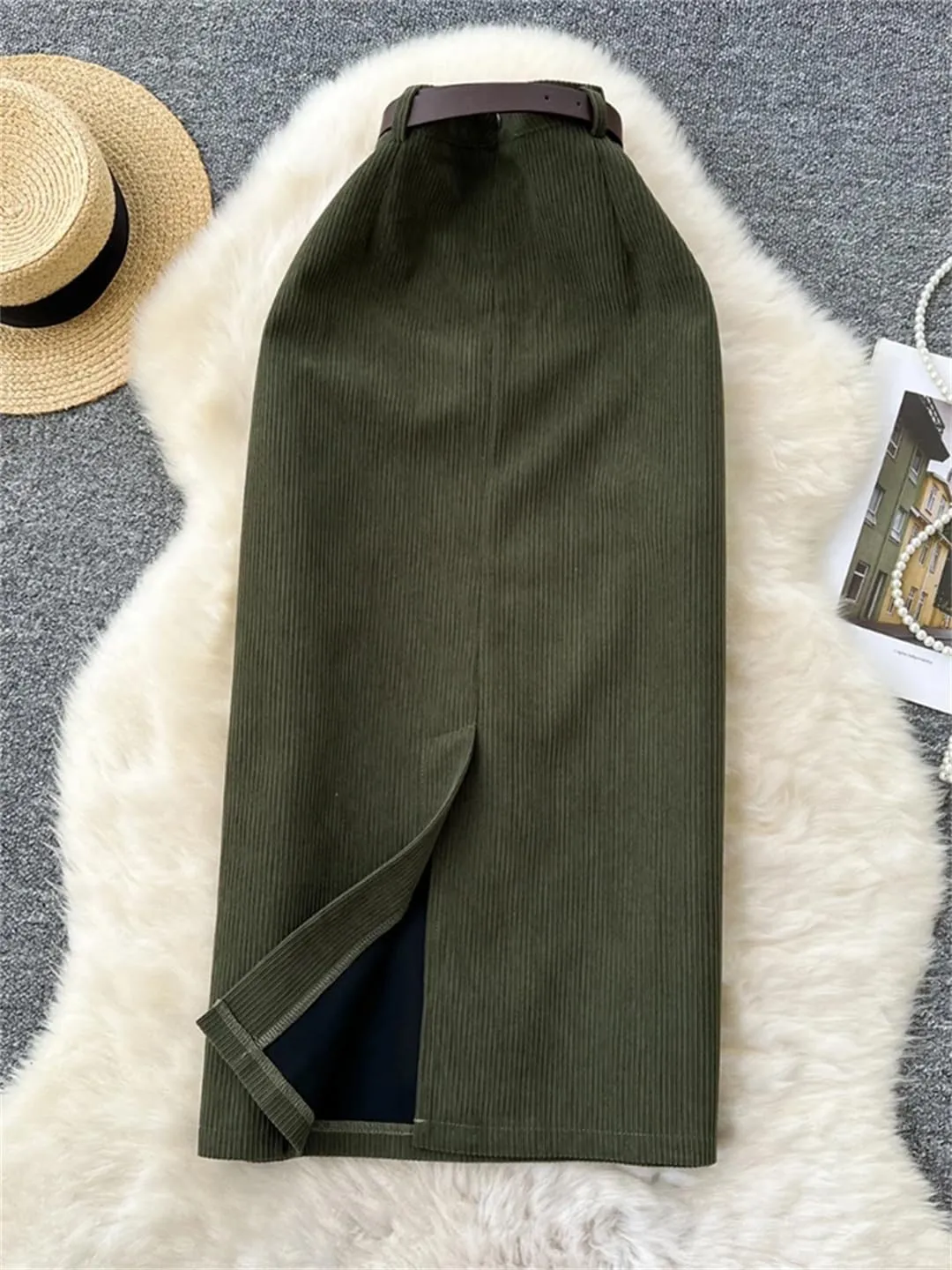 ERFMFKL Womens Solid Color High Waisted Corduroy Slim A-Line Wrap Skirt Casual Party Maxi Skirt
