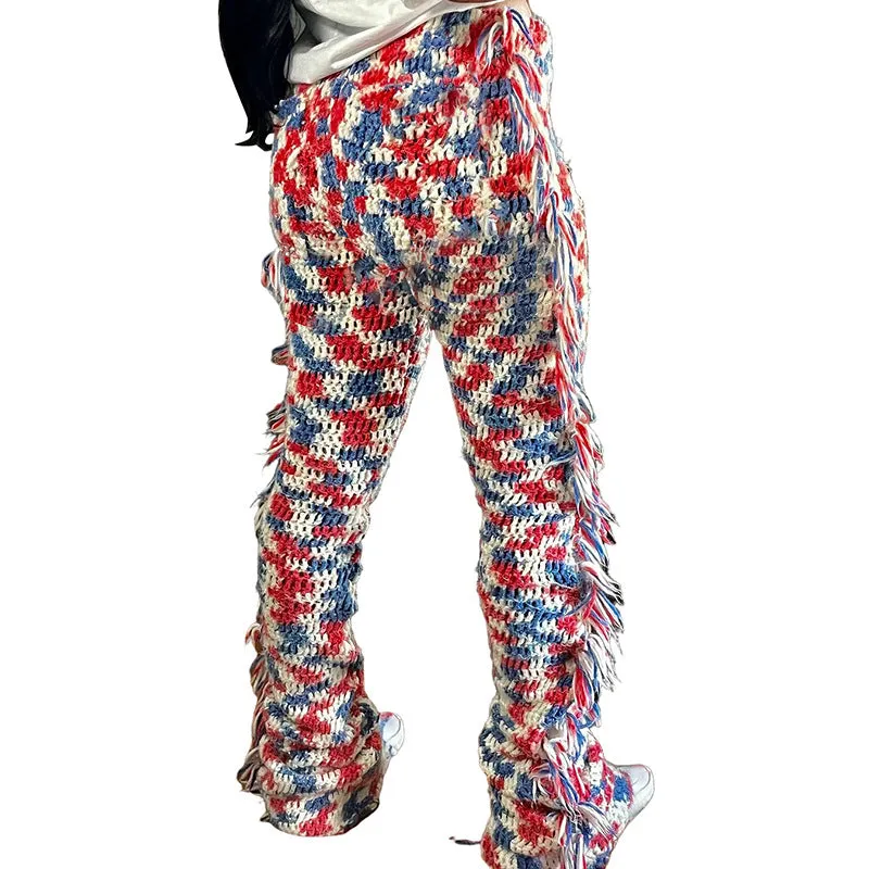 European and American Style2023Fall Women's Clothing New Casual High Waist Knit Tassel Contrast Color Slim Fit Street Shot Flared Casual Pants