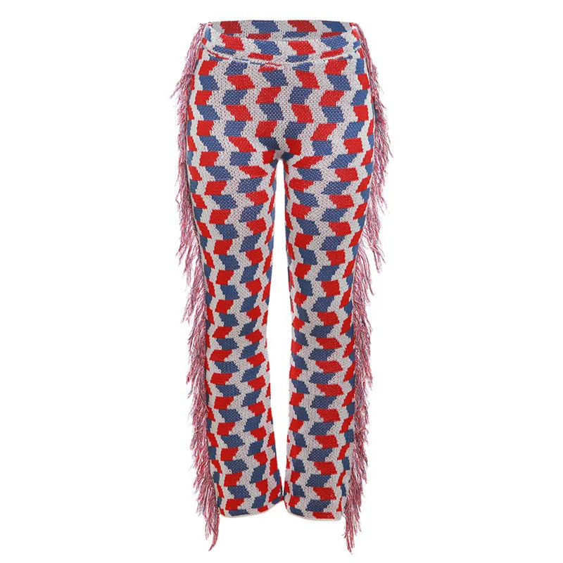 European and American Style2023Fall Women's Clothing New Casual High Waist Knit Tassel Contrast Color Slim Fit Street Shot Flared Casual Pants