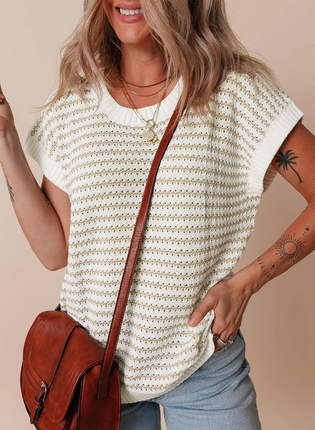 EVALESS Women's Sweater Vest Striped Pullover Tank Top Round Neck Cap Sleeve Lightweight 2025 Summer Casual Clothes