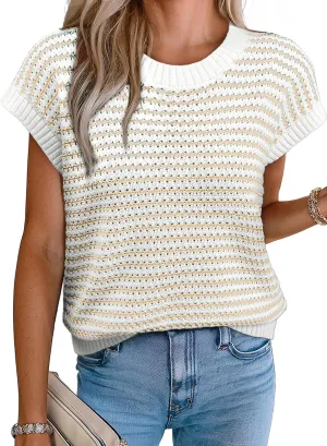 EVALESS Women's Sweater Vest Striped Pullover Tank Top Round Neck Cap Sleeve Lightweight 2025 Summer Casual Clothes