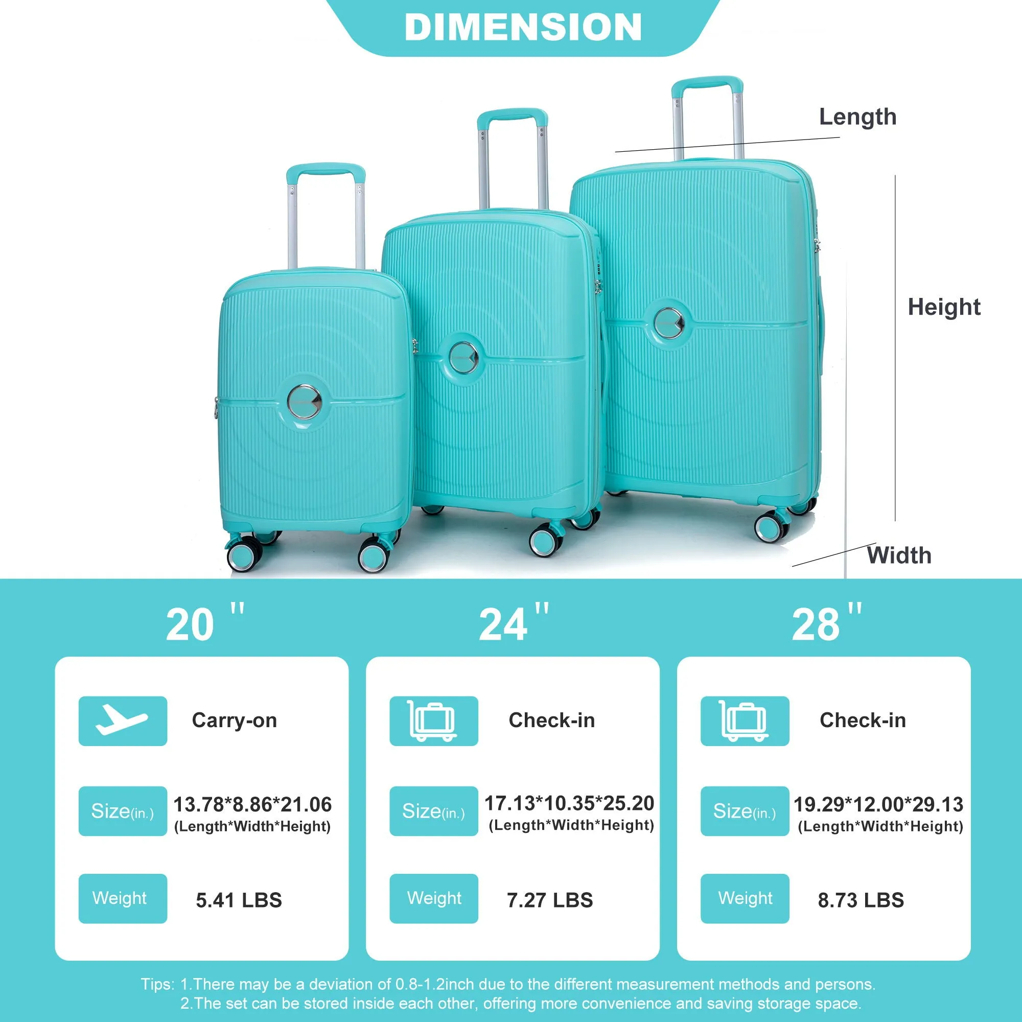Expandable Hardshell Suitcase Double Spinner Wheels Pp Luggage Sets Lightweight Durable Suitcase With Tsa Lock, 3 Piece Set - Lake Blue
