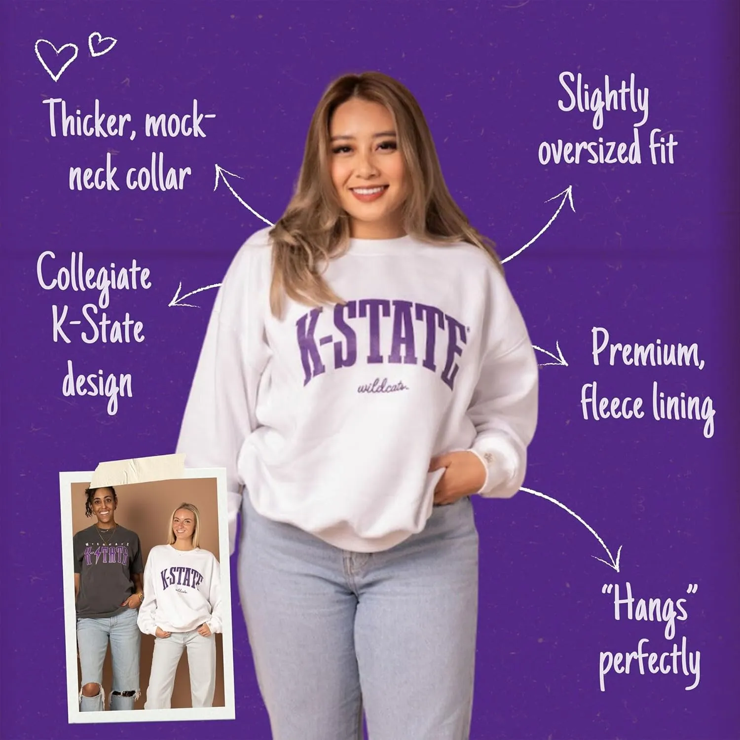 Fan Girl Kansas State Wildcats Collegiate Oversized Crewneck Sweatshirt, K-State Womens Apparel, White, Sizes S-3XL