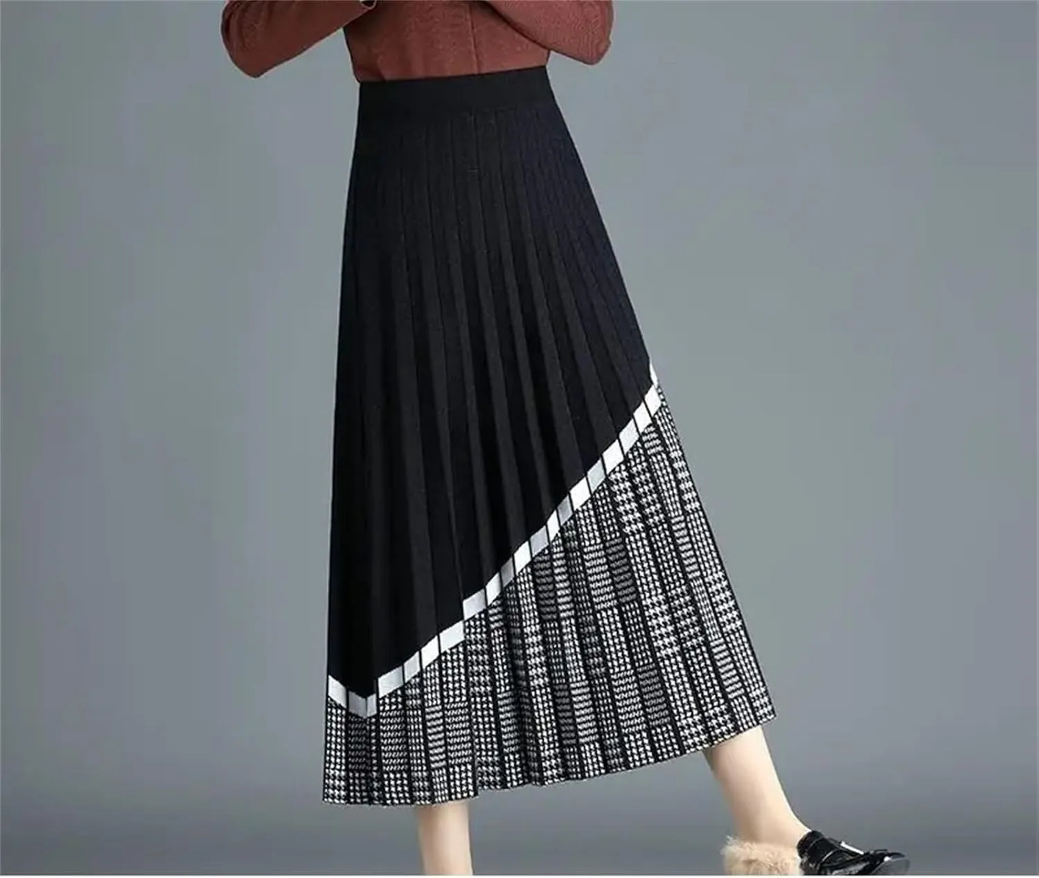 Fashion Midi Knitted Plaid Skirt Women's Casual High Waist Loose Ruffled Splicing Wear