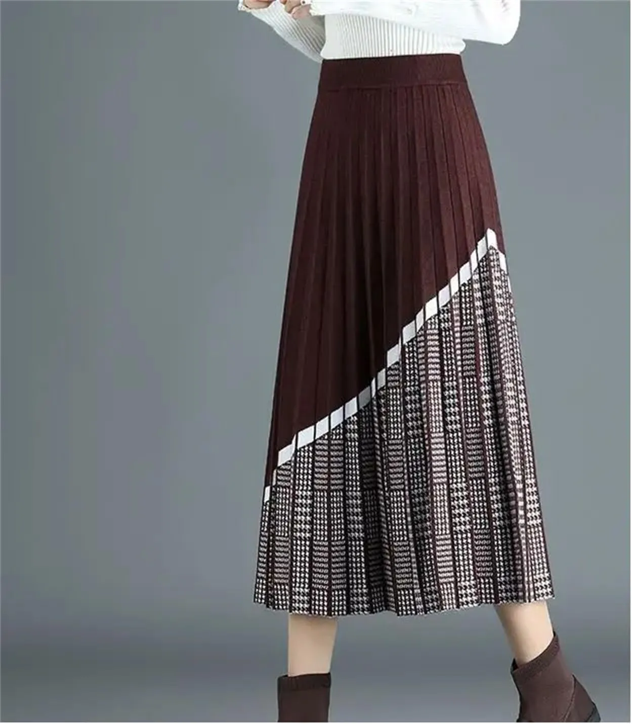 Fashion Midi Knitted Plaid Skirt Women's Casual High Waist Loose Ruffled Splicing Wear