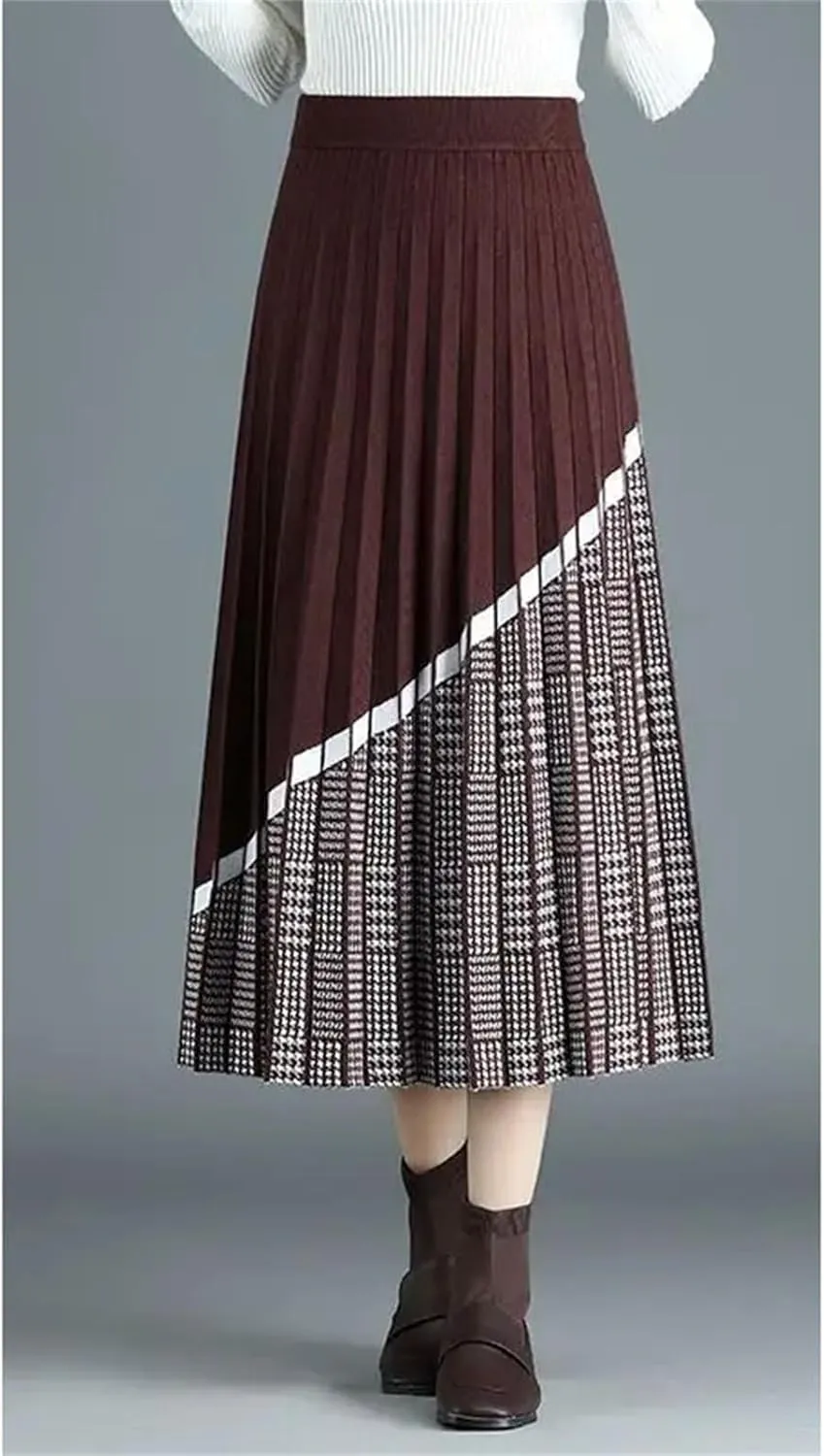 Fashion Midi Knitted Plaid Skirt Women's Casual High Waist Loose Ruffled Splicing Wear