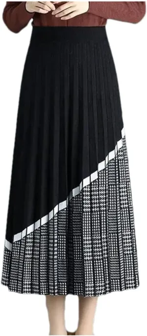 Fashion Midi Knitted Plaid Skirt Women's Casual High Waist Loose Ruffled Splicing Wear