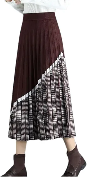 Fashion Midi Knitted Plaid Skirt Women's Casual High Waist Loose Ruffled Splicing Wear