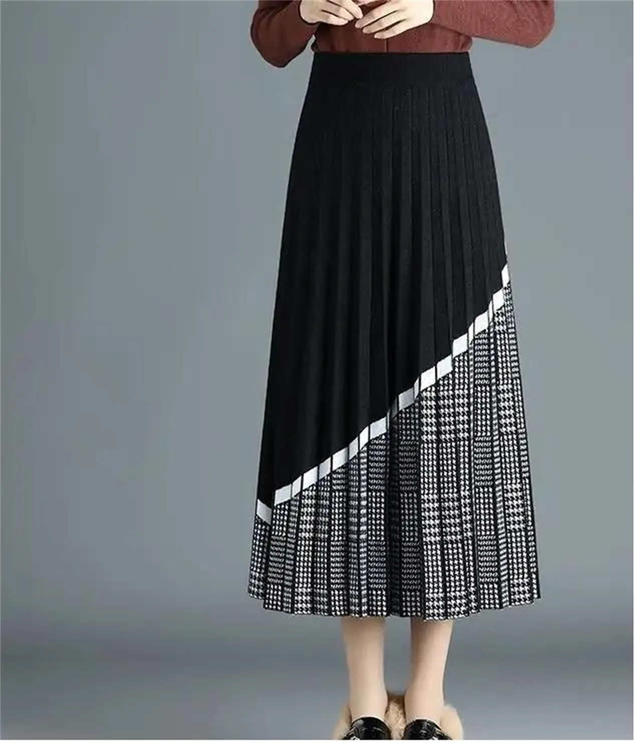 Fashion Midi Knitted Plaid Skirt Women's Casual High Waist Loose Ruffled Splicing Wear