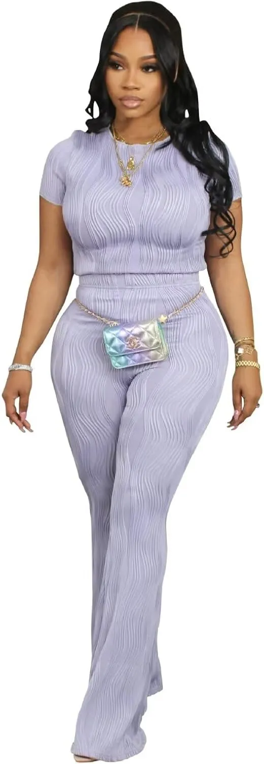 Fastkoala Women's Two Piece Outfits Summer Casual Sweatsuits Short Sleeve Sweatshirt with Flare Pants Tracksuits Sets