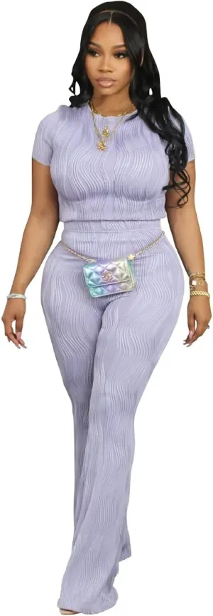 Fastkoala Women's Two Piece Outfits Summer Casual Sweatsuits Short Sleeve Sweatshirt with Flare Pants Tracksuits Sets