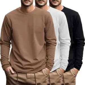 Ficerd 3 Pack Men's Big and Tall Shirts Long Sleeve Cotton Tee Crew Neck Oversize Tops Casual Loose Fit Knitted T Shirts