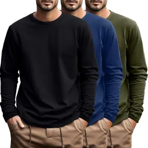 Ficerd 3 Pack Men's Big and Tall Shirts Long Sleeve Cotton Tee Crew Neck Oversize Tops Casual Loose Fit Knitted T Shirts