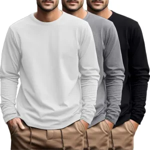 Ficerd 3 Pack Men's Big and Tall Shirts Long Sleeve Cotton Tee Crew Neck Oversize Tops Casual Loose Fit Knitted T Shirts
