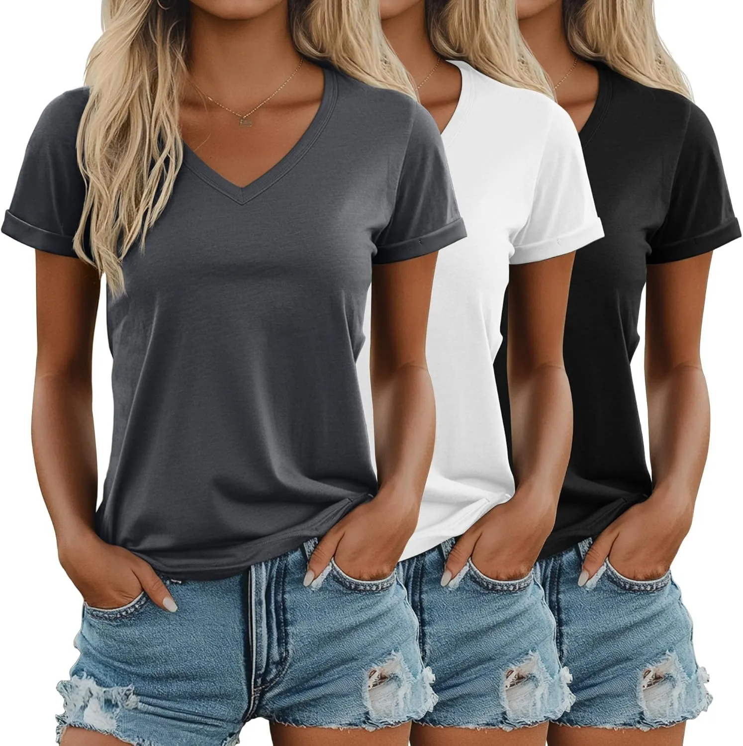 Ficerd 3 Pack Womens V Neck T Shirts, Summer Casual Short Sleeve Tops Loose Fit Rolled Sleeve Tees 2025 Trendy Cotton Shirts