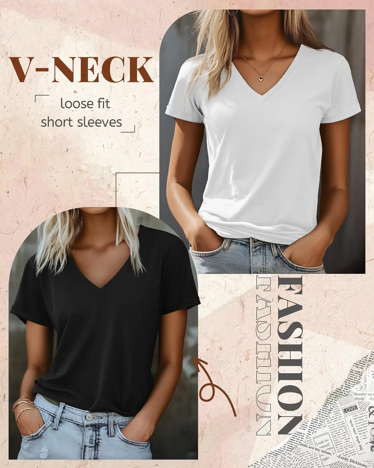 Ficerd 3 Pack Womens V Neck T Shirts, Summer Casual Short Sleeve Tops Loose Fit Rolled Sleeve Tees 2025 Trendy Cotton Shirts