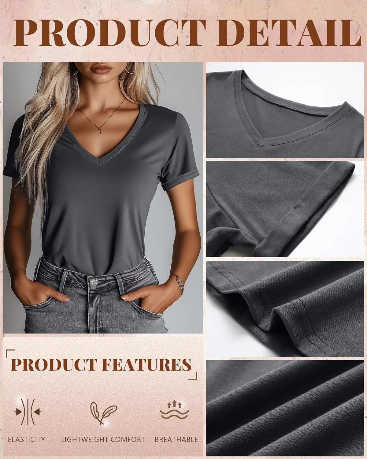 Ficerd 3 Pack Womens V Neck T Shirts, Summer Casual Short Sleeve Tops Loose Fit Rolled Sleeve Tees 2025 Trendy Cotton Shirts