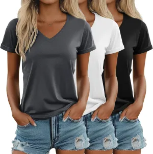 Ficerd 3 Pack Womens V Neck T Shirts, Summer Casual Short Sleeve Tops Loose Fit Rolled Sleeve Tees 2025 Trendy Cotton Shirts