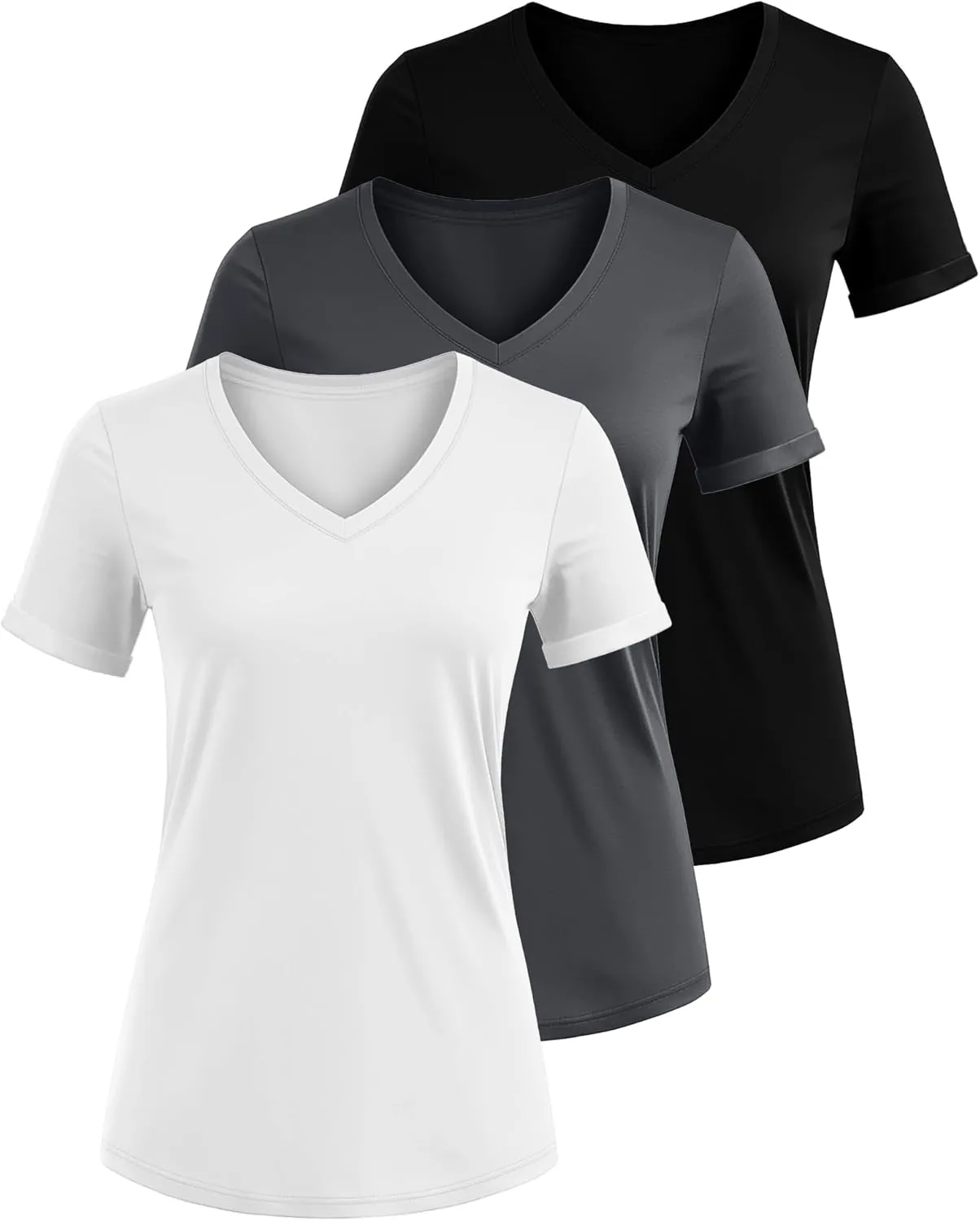 Ficerd 3 Pack Womens V Neck T Shirts, Summer Casual Short Sleeve Tops Loose Fit Rolled Sleeve Tees 2025 Trendy Cotton Shirts