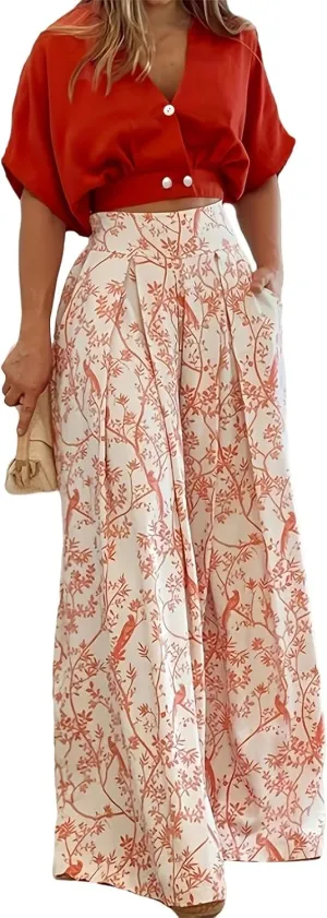 Floral 2 Piece Outfit for Women Batwing Sleeve V Neck Crop Tops and Wide Leg Boho Pants Sets Vacation Outfits