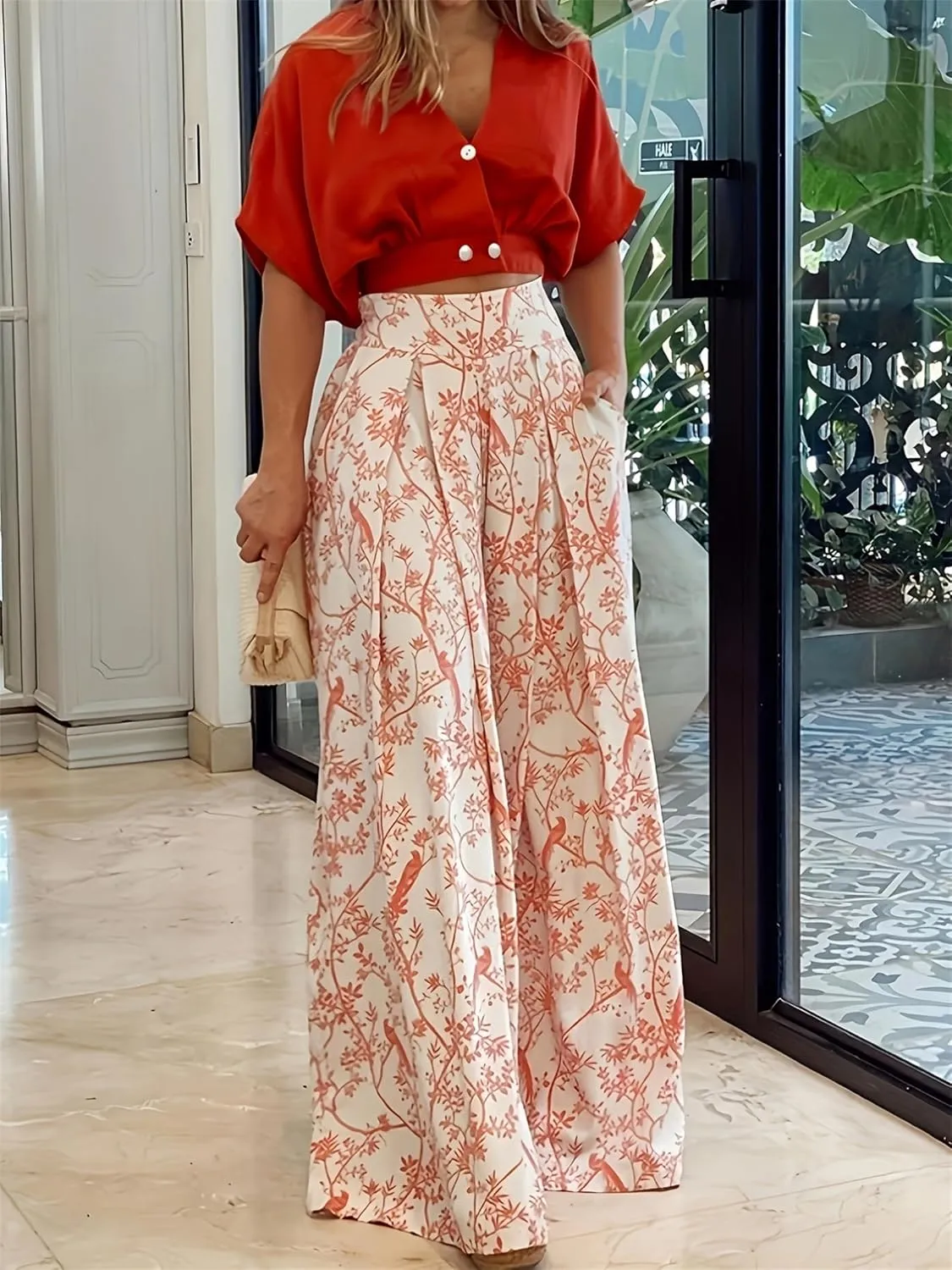 Floral 2 Piece Outfit for Women Batwing Sleeve V Neck Crop Tops and Wide Leg Boho Pants Sets Vacation Outfits