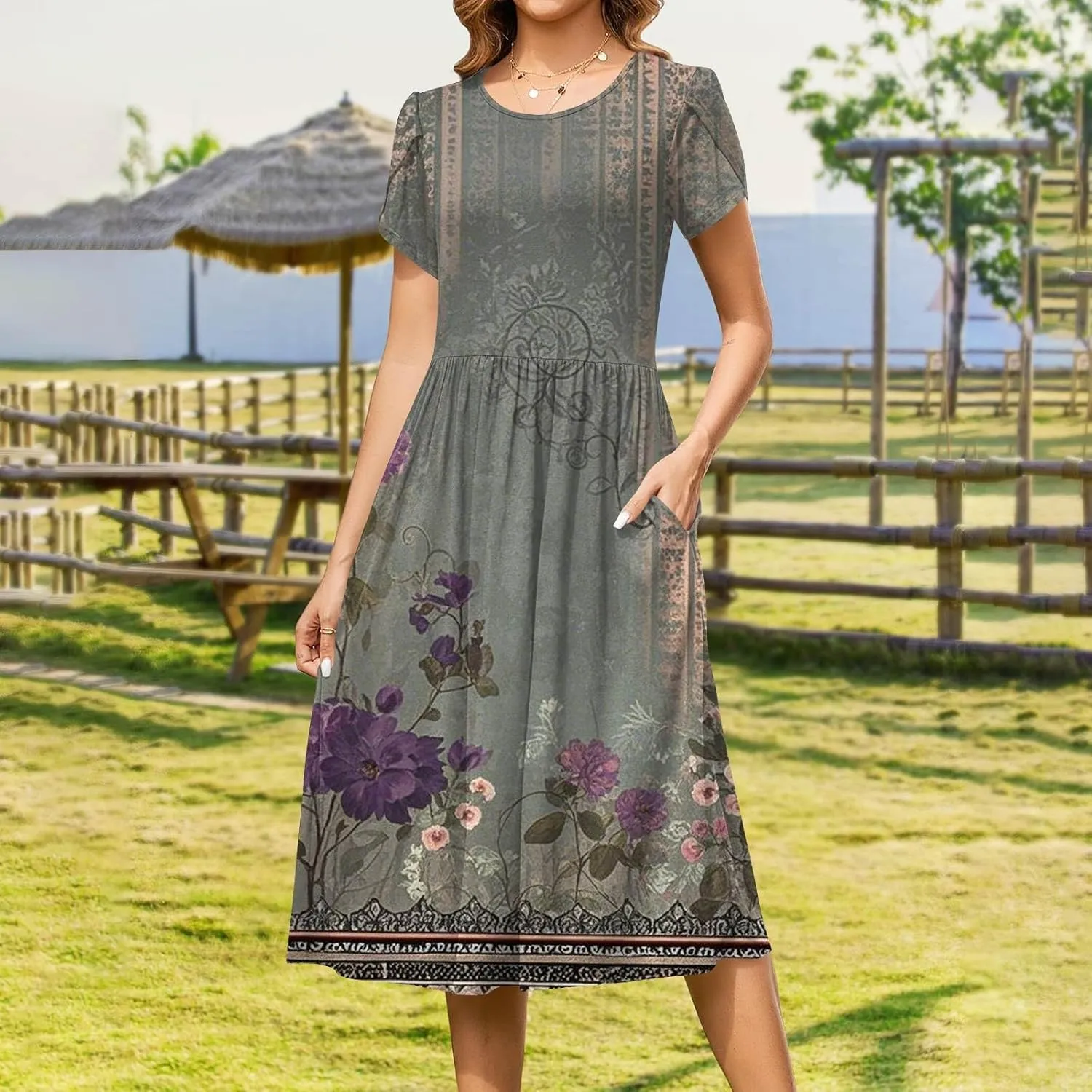 Floral Dress for Women Crewneck Petal Short Sleeve Summer Midi Dress Beach Vacation Boho Hawaiian Dresses with Pocket