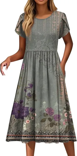 Floral Dress for Women Crewneck Petal Short Sleeve Summer Midi Dress Beach Vacation Boho Hawaiian Dresses with Pocket
