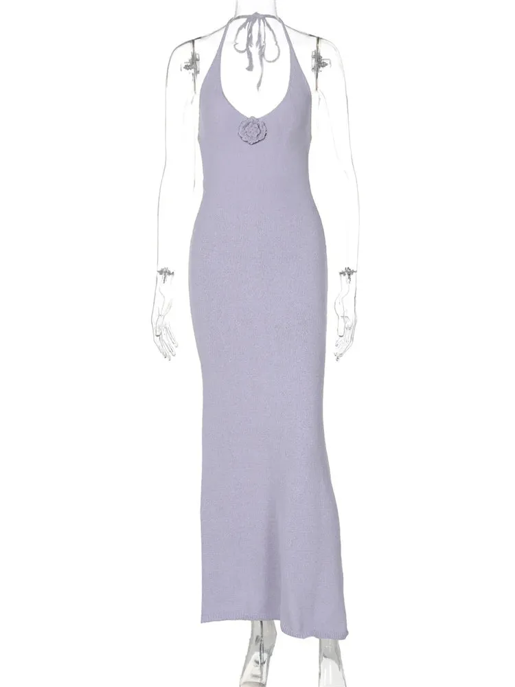Floral  Knit Hollow Out Lace-Up Maxi Dress