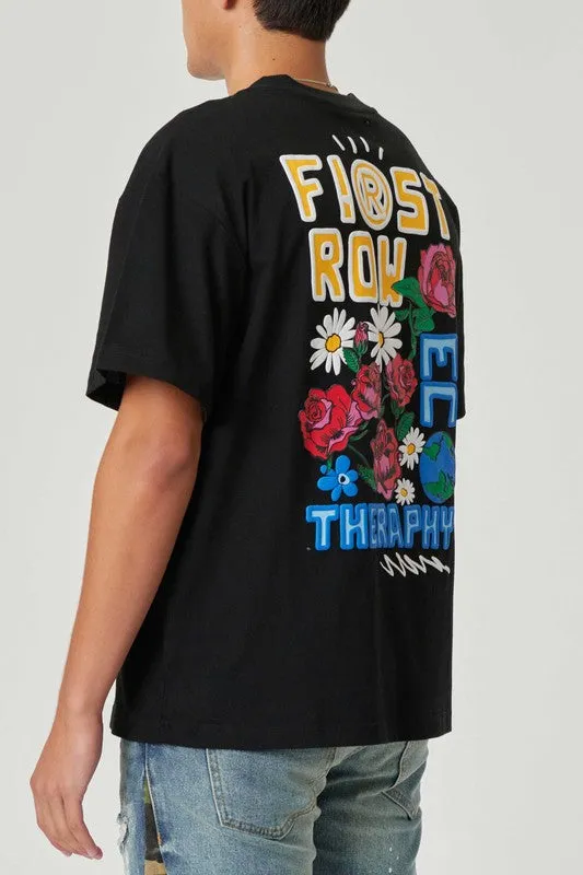 Flower Embroidered Puff Tee| Black