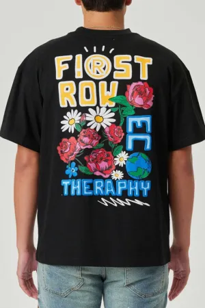 Flower Embroidered Puff Tee| Black