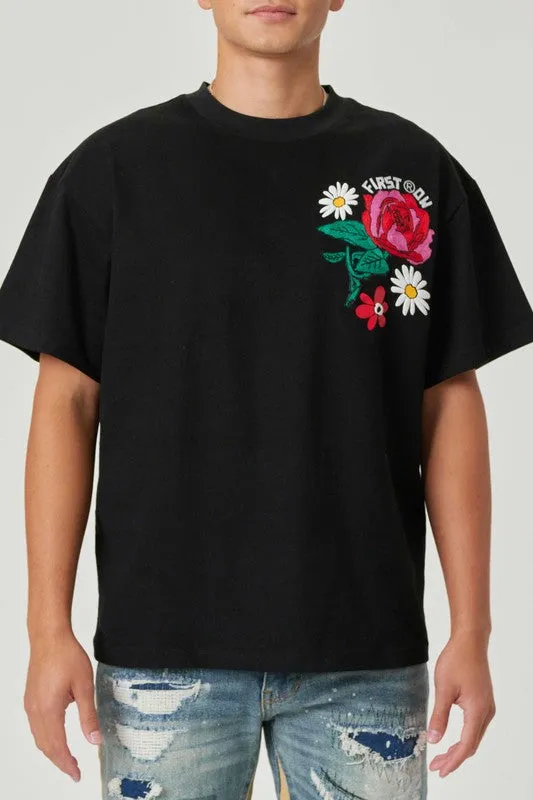 Flower Embroidered Puff Tee| Black