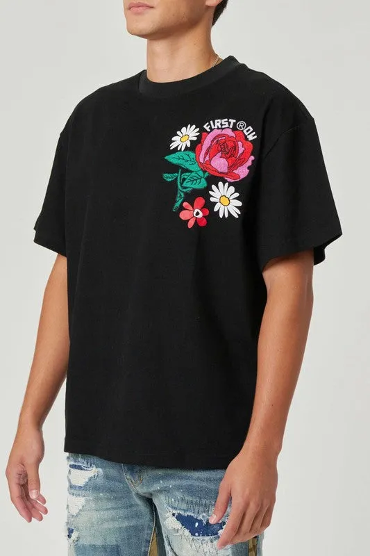 Flower Embroidered Puff Tee| Black