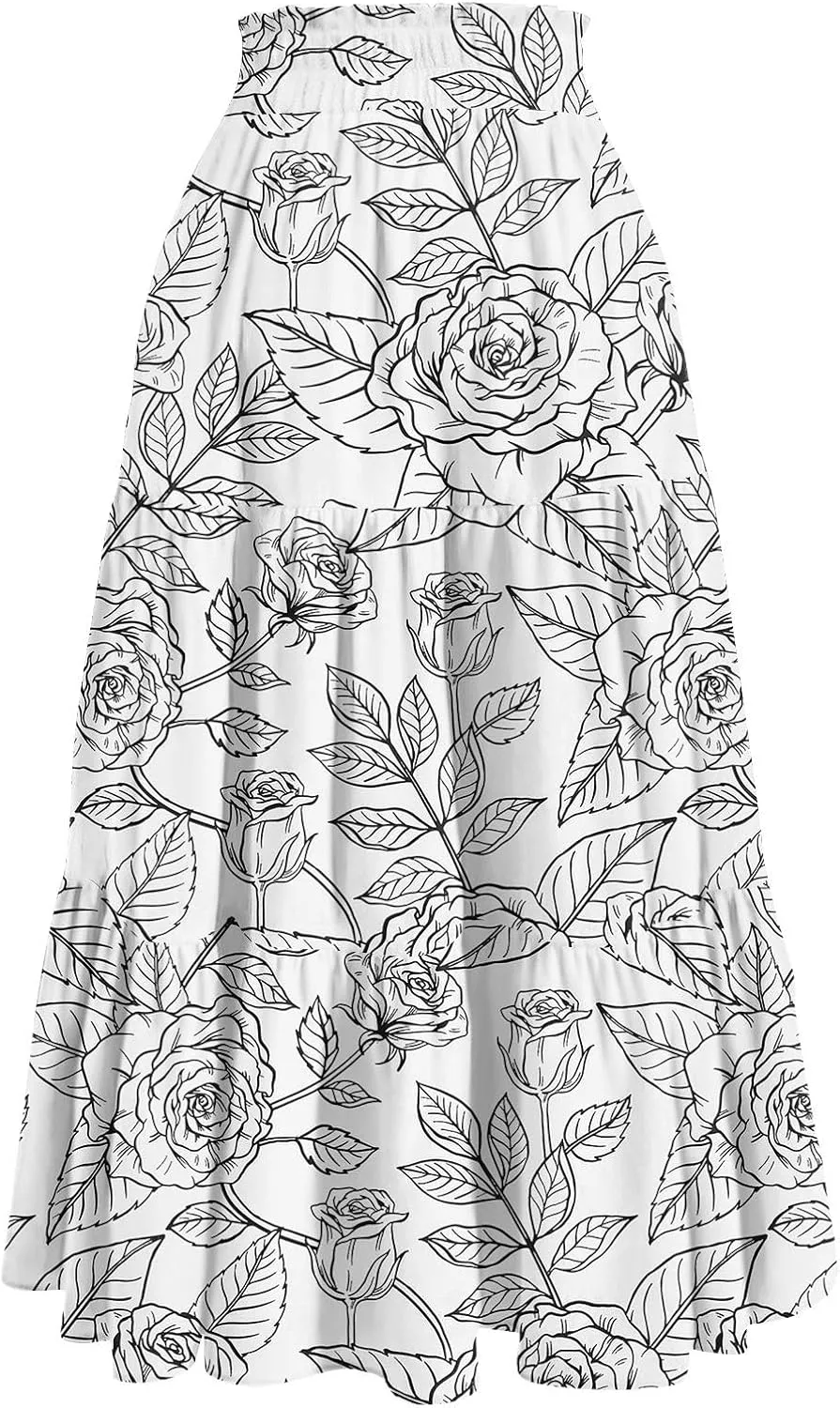 Flower Maxi Skirts for Women Summer Comfy A-Line Flowy Swing Tiered Skirt Trendy Vacation Beach Clothes
