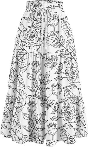 Flower Maxi Skirts for Women Summer Comfy A-Line Flowy Swing Tiered Skirt Trendy Vacation Beach Clothes
