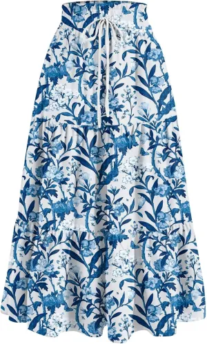 Flower Maxi Skirts for Women Summer Comfy A-Line Flowy Swing Tiered Skirt Trendy Vacation Beach Clothes