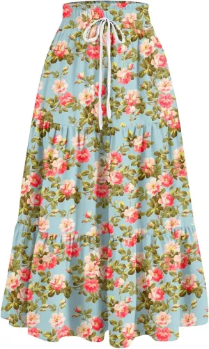 Flower Maxi Skirts for Women Summer Comfy A-Line Flowy Swing Tiered Skirt Trendy Vacation Beach Clothes