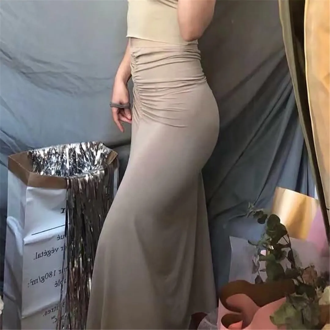 Fnfmrfmr Women's Casual High Waist Pleated Midi Skirts Long Tight-Fitting Hip Slim Elasticity Skirt