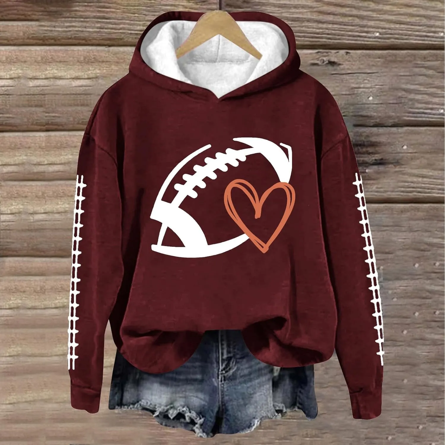 Football Game Day Womens Apparel Game Day Heart Football Graphic Hoodies Pullover Crew Neck Long Sleeve Shirts