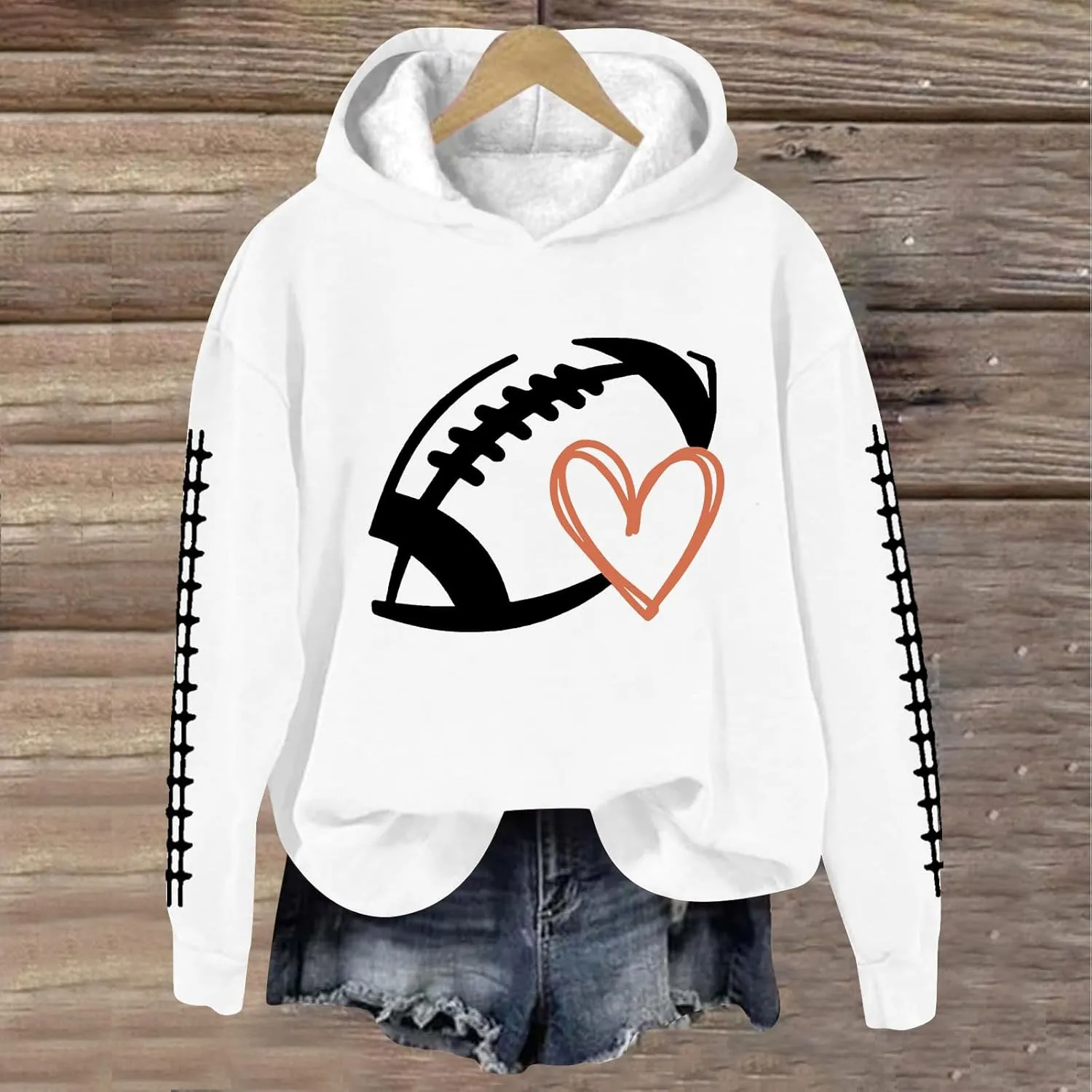 Football Game Day Womens Apparel Game Day Heart Football Graphic Hoodies Pullover Crew Neck Long Sleeve Shirts