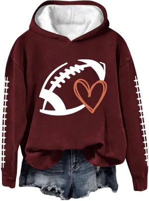 Football Game Day Womens Apparel Game Day Heart Football Graphic Hoodies Pullover Crew Neck Long Sleeve Shirts